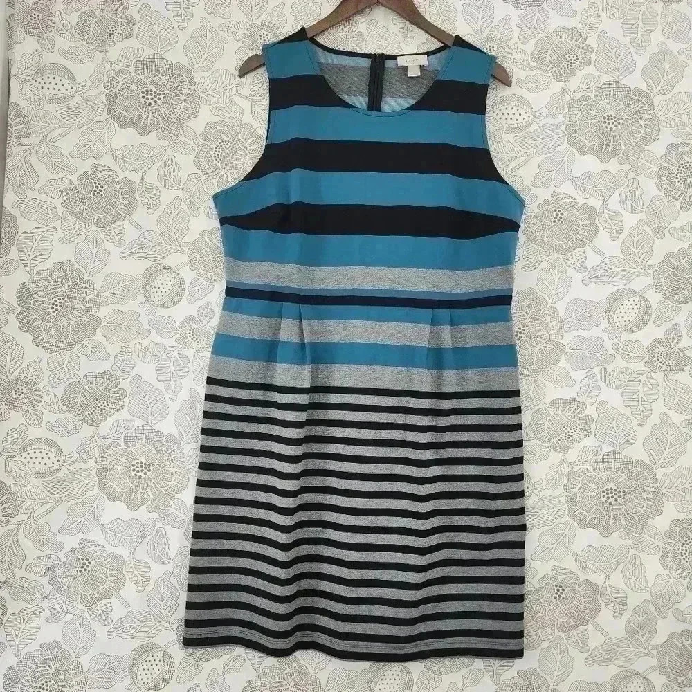 LOFT Blue and Gray Striped Midi Dress